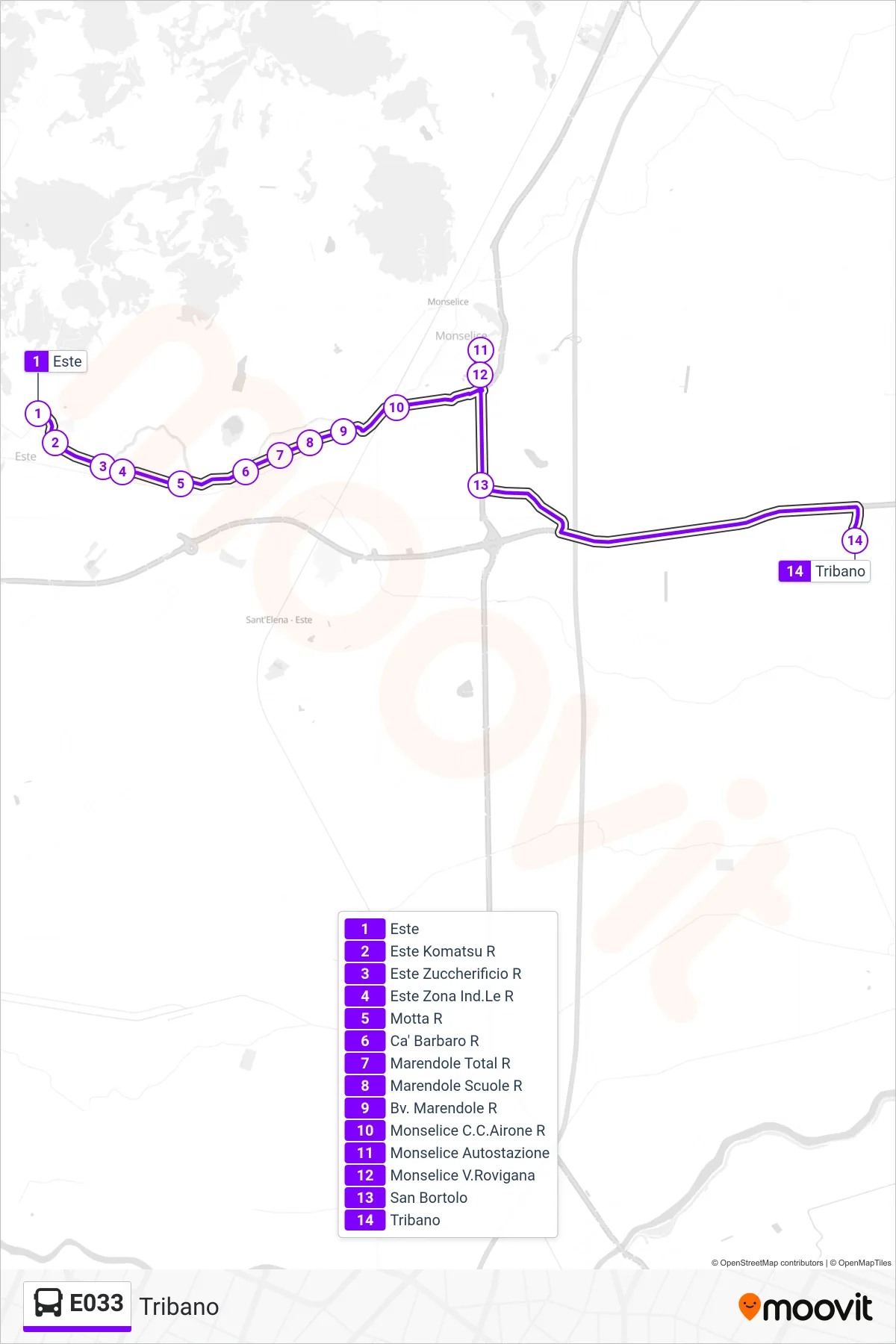 Linea E033 bus (Tribano) - Percorsi e fermate sulla mappa