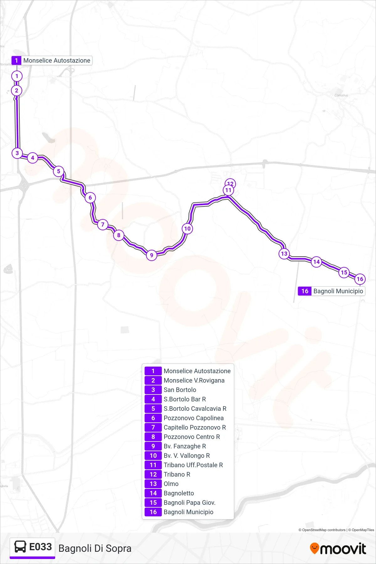 Linea E033 bus (Bagnoli Di Sopra) - Percorsi e fermate sulla mappa