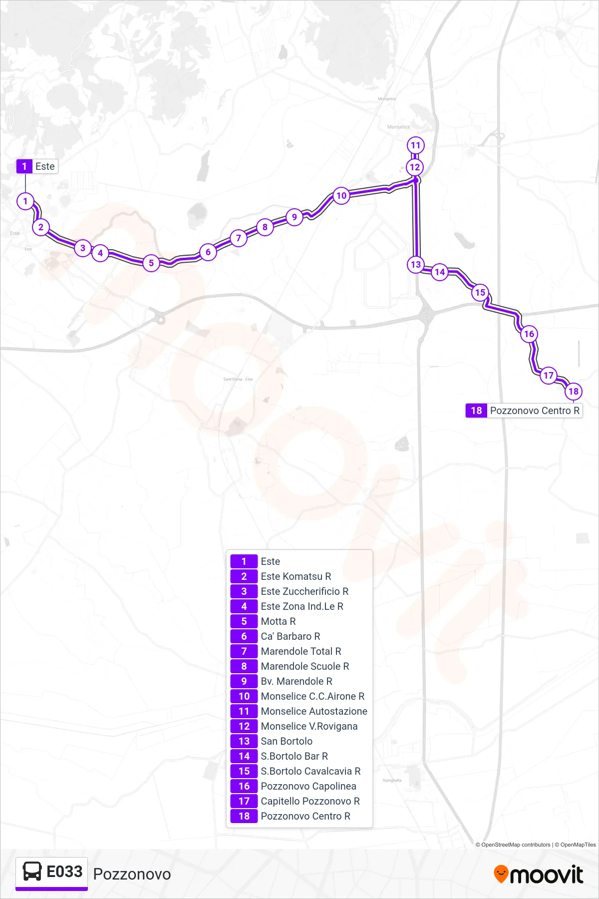 Linea E033 bus (Pozzonovo) - Percorsi e fermate sulla mappa
