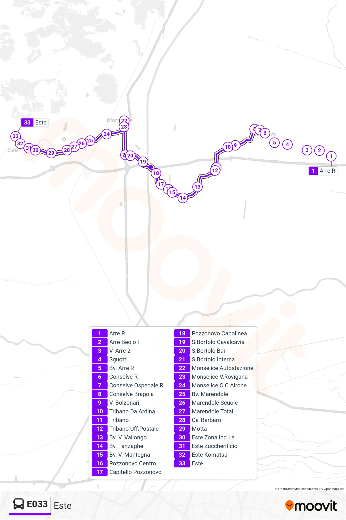 Linea E033  bus (Este) - Percorsi e fermate sulla mappa
