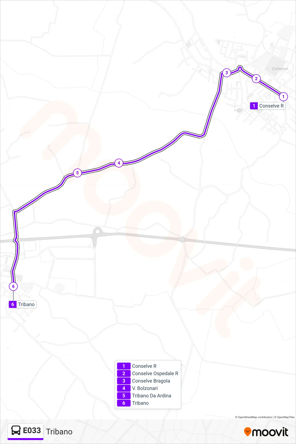 Linea E033 bus (Tribano) - Percorsi e fermate sulla mappa