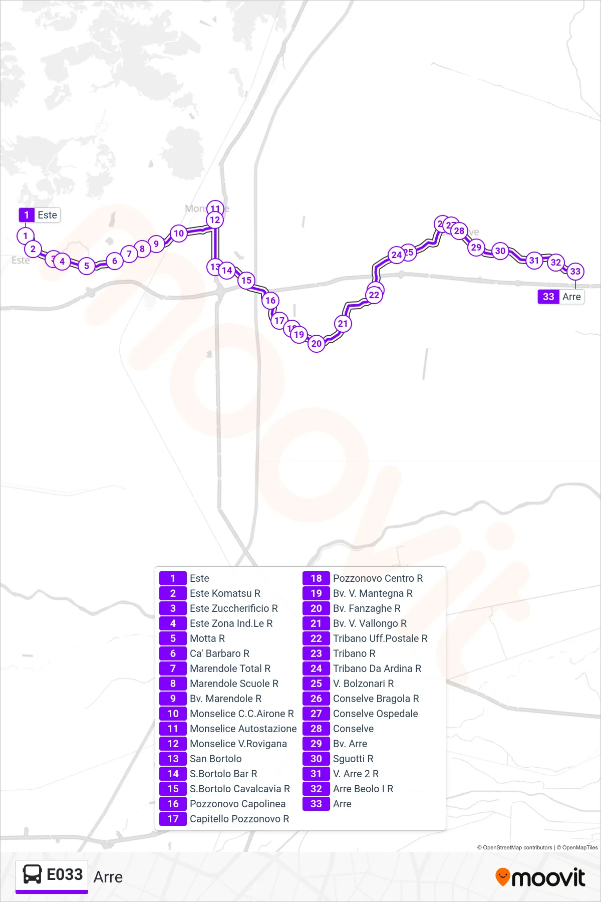 Linea E033 bus (Arre) - Percorsi e fermate sulla mappa
