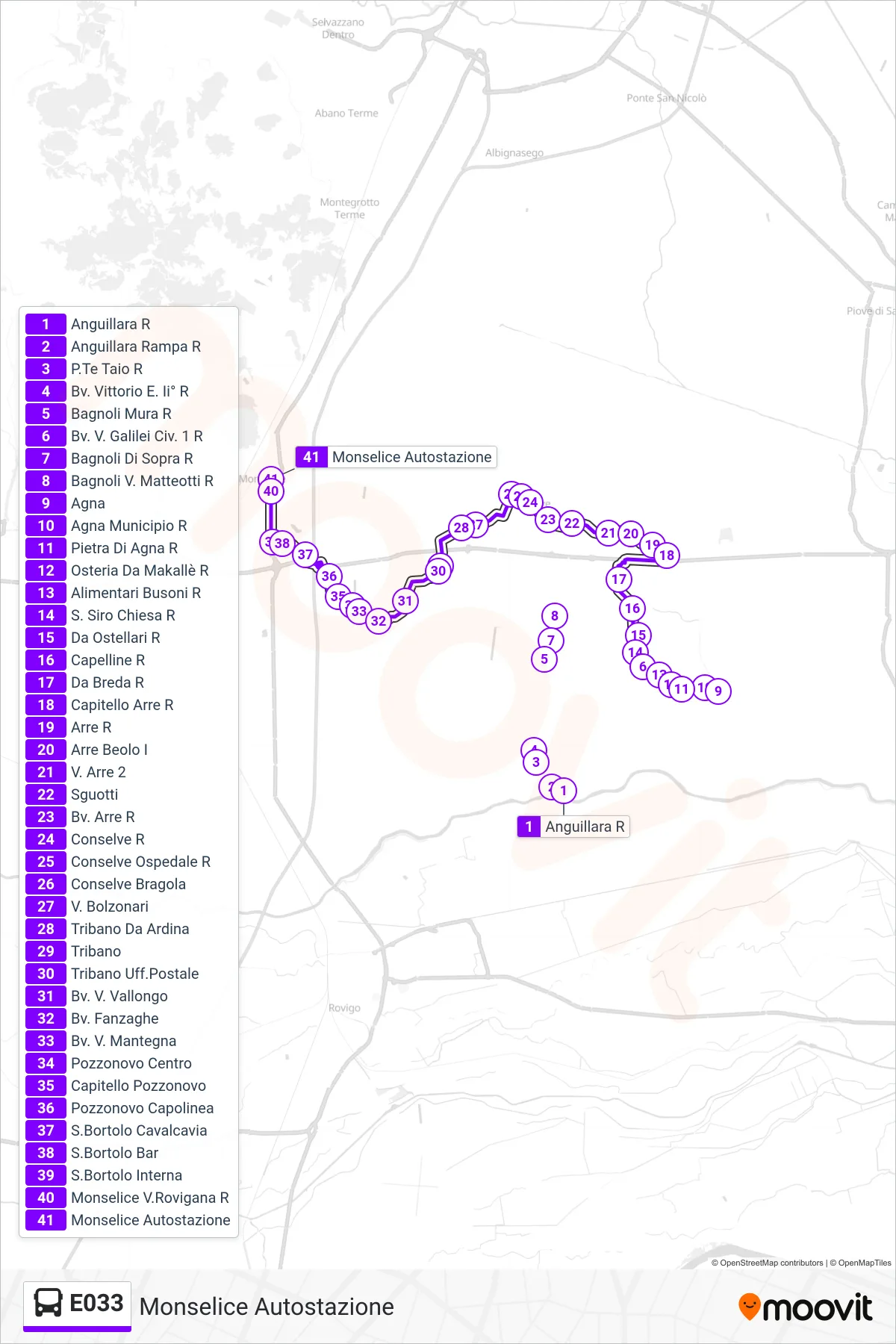 Linea E033  bus (Monselice Autostazione) - Percorsi e fermate sulla mappa