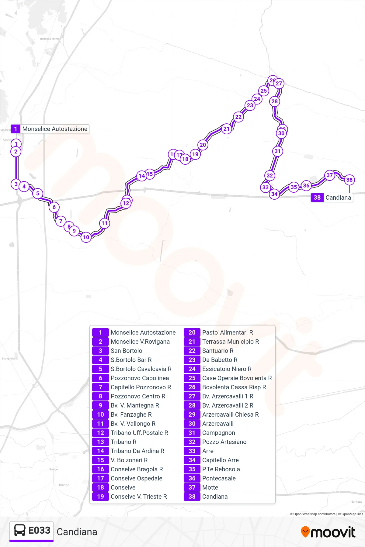 Linea E033 bus (Candiana) - Percorsi e fermate sulla mappa