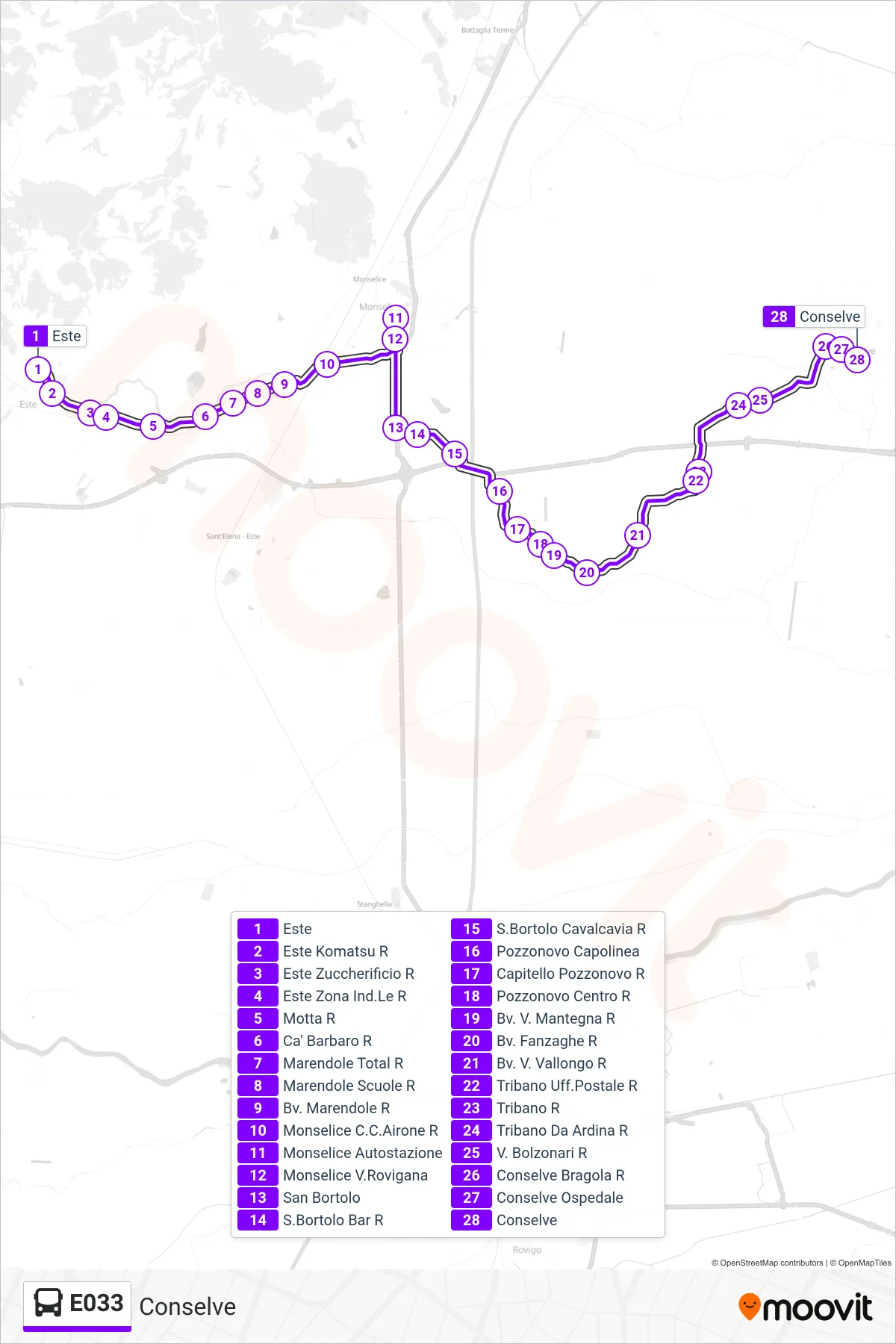 Linea E033 bus (Conselve) - Percorsi e fermate sulla mappa