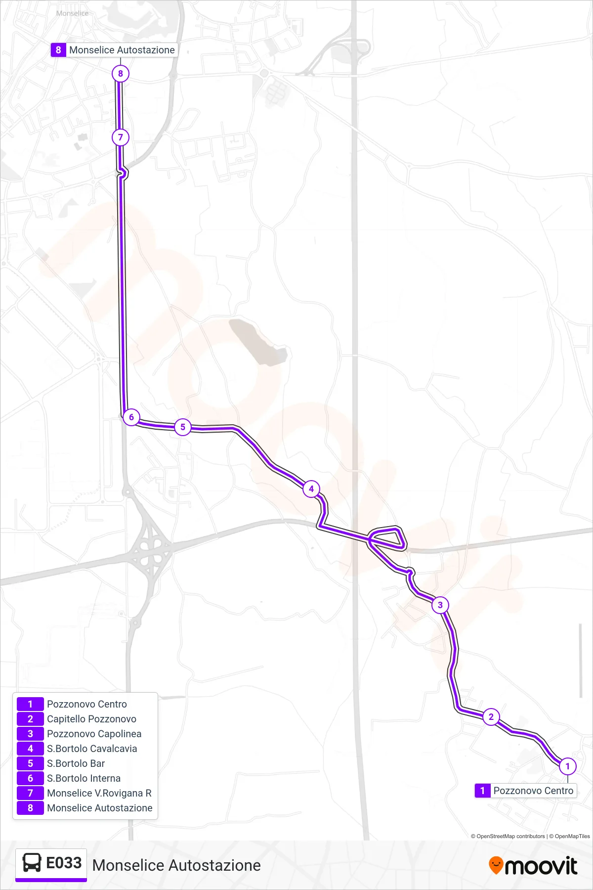 Linea E033  bus (Monselice Autostazione) - Percorsi e fermate sulla mappa