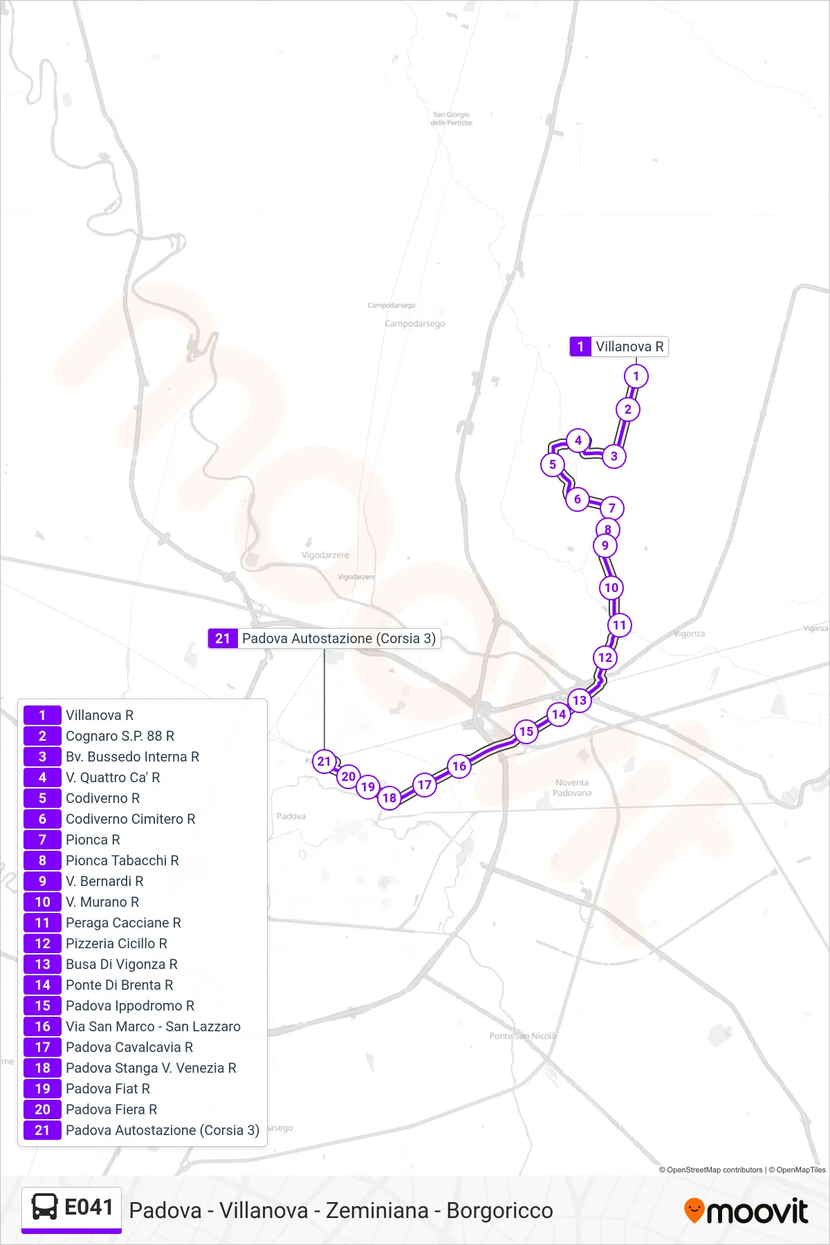 Linea E041 bus (Padova Autostazione) - Percorsi e fermate sulla mappa