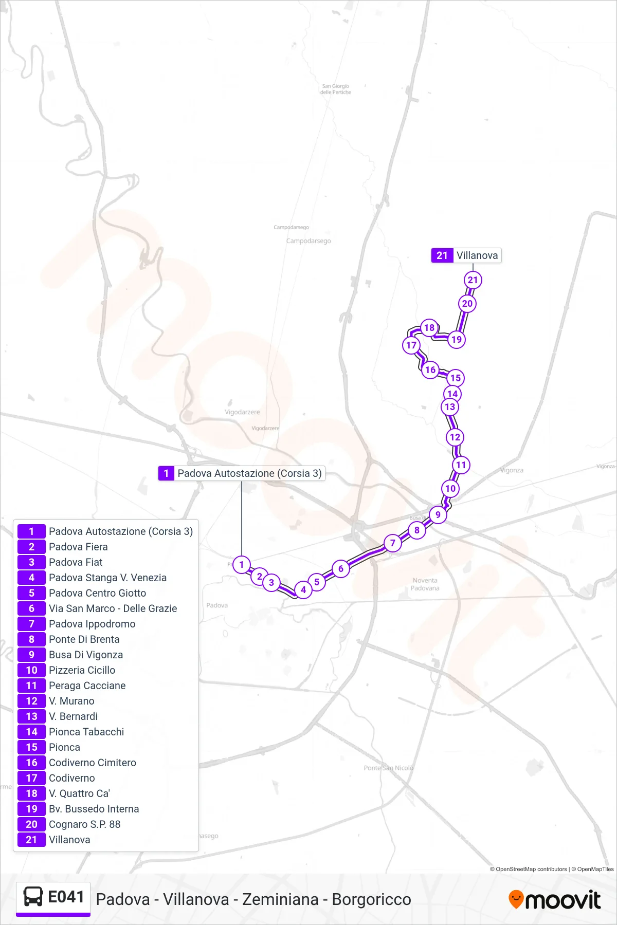 Linea E041 bus (Villanova) - Percorsi e fermate sulla mappa