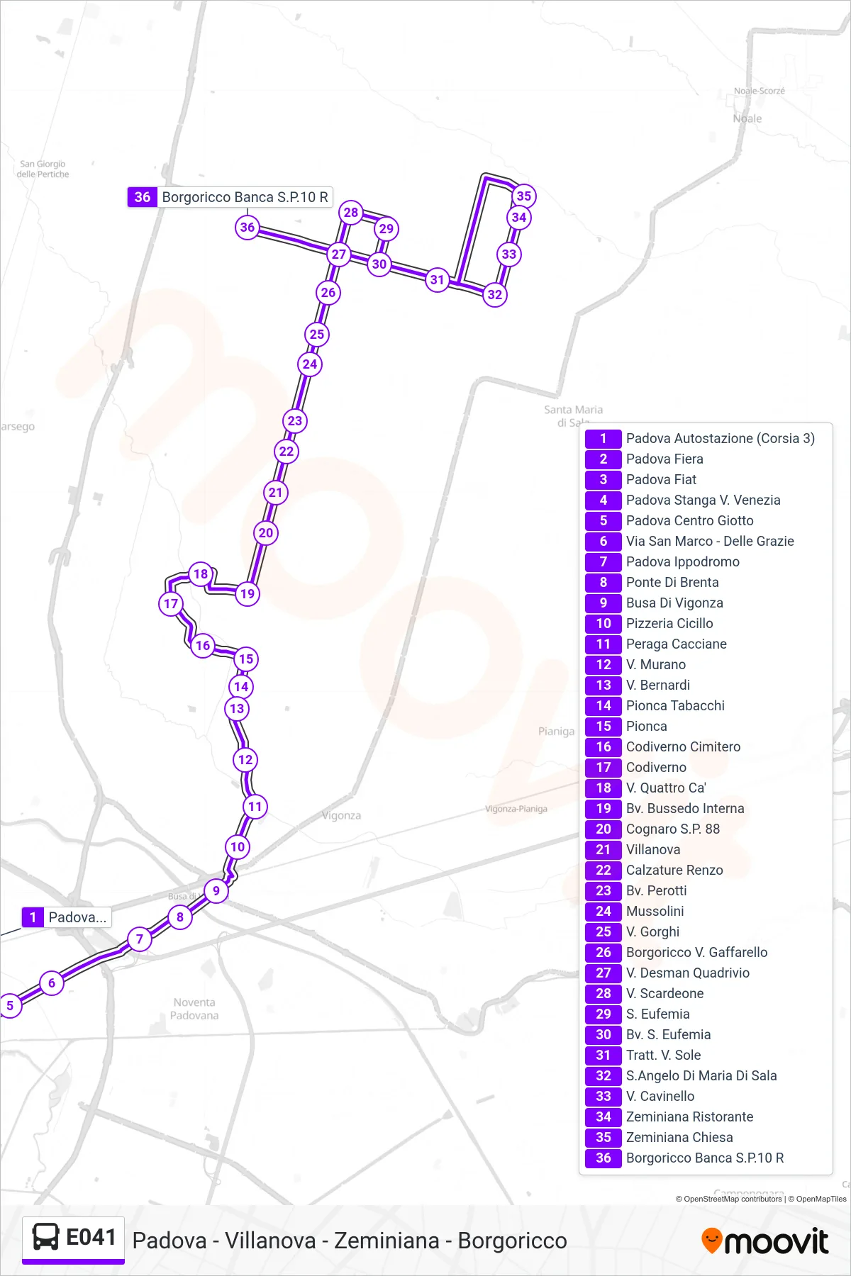 Linea E041 bus (Borgoricco (Banca SP 10)) - Percorsi e fermate sulla mappa