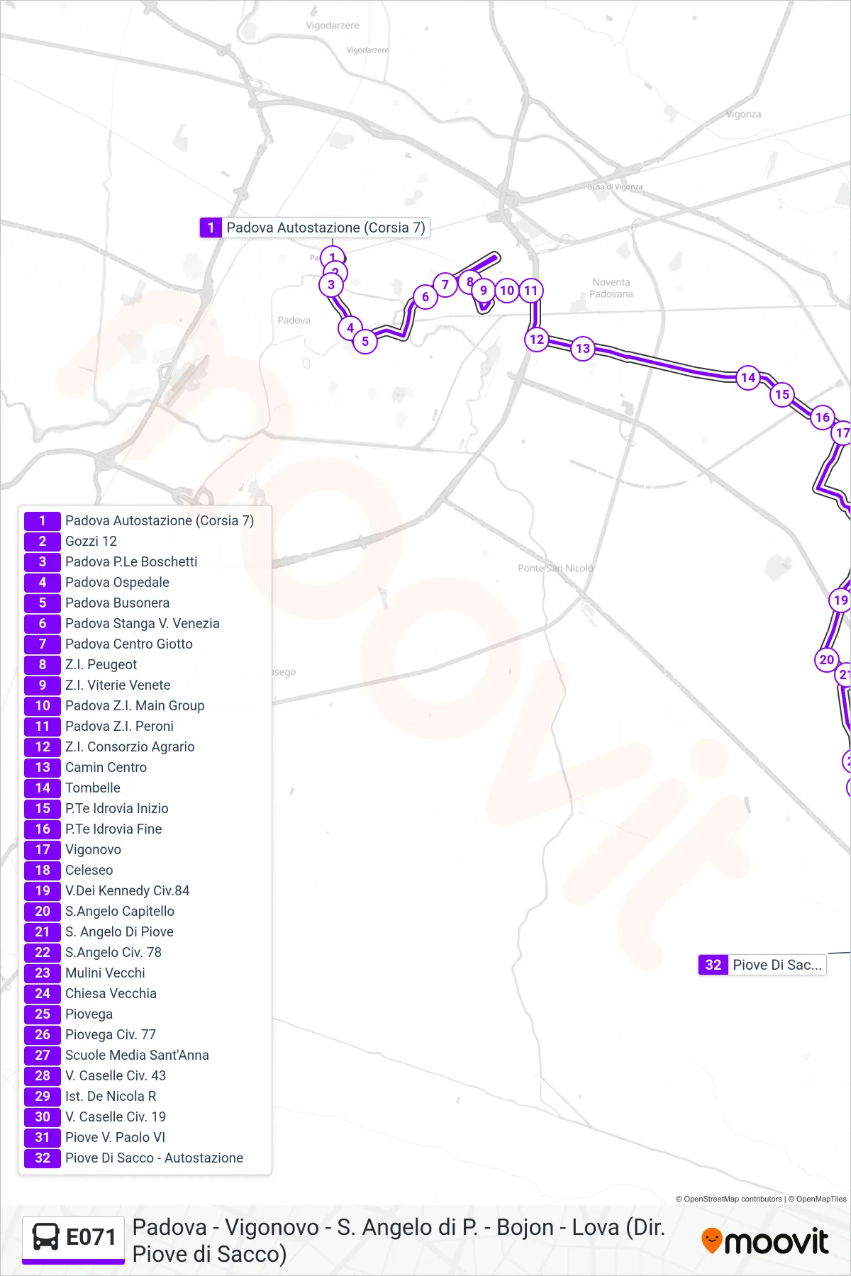 Linea E071 bus (Piove Di Sacco Autostazione) - Percorsi e fermate sulla mappa