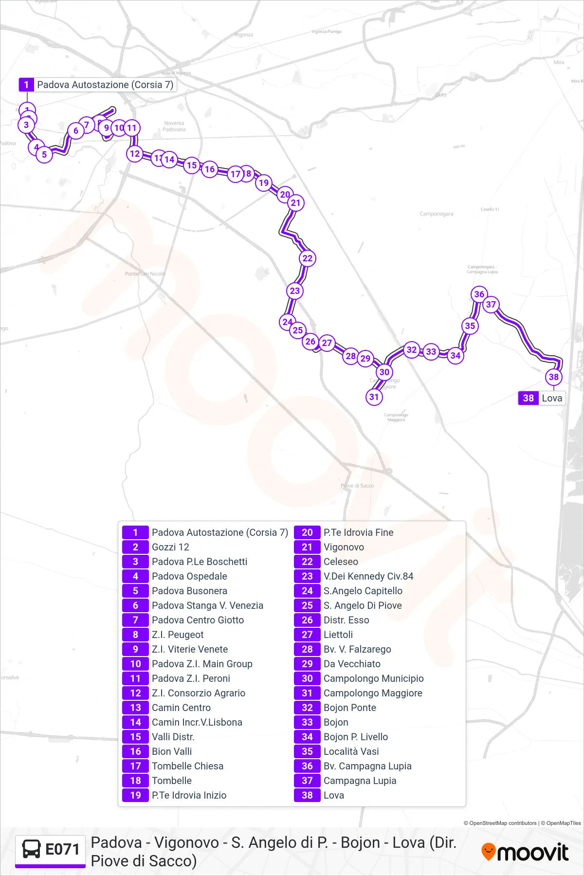 Linea E071 bus (Lova) - Percorsi e fermate sulla mappa