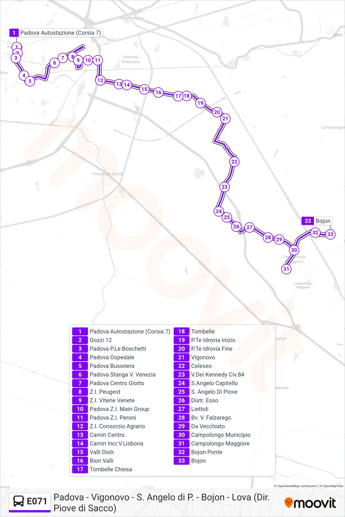 Linea E071  bus (Bojon) - Percorsi e fermate sulla mappa