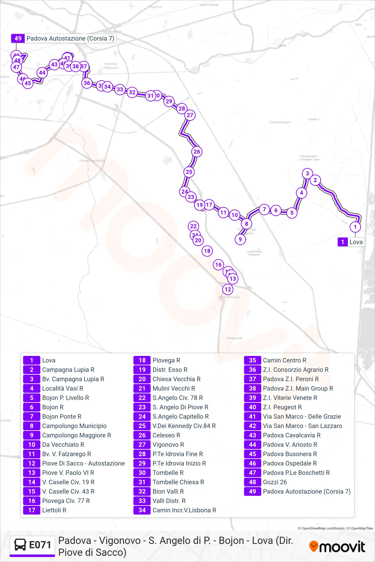 Linea E071  bus (Padova Autostazione) - Percorsi e fermate sulla mappa