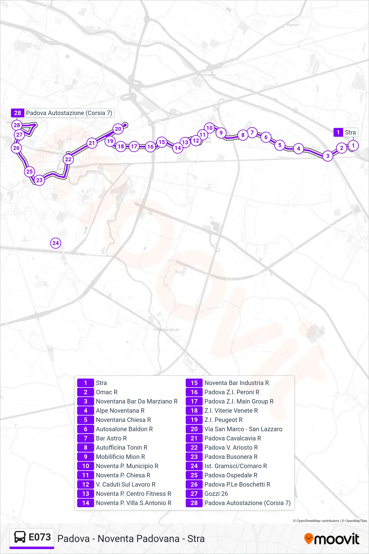 Linea E073  bus (Padova Autostazione) - Percorsi e fermate sulla mappa