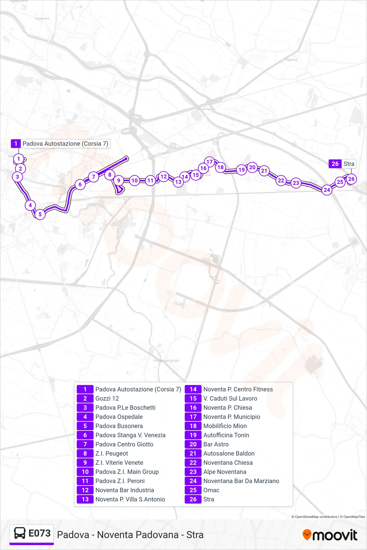 Linea E073 bus (Stra) - Percorsi e fermate sulla mappa
