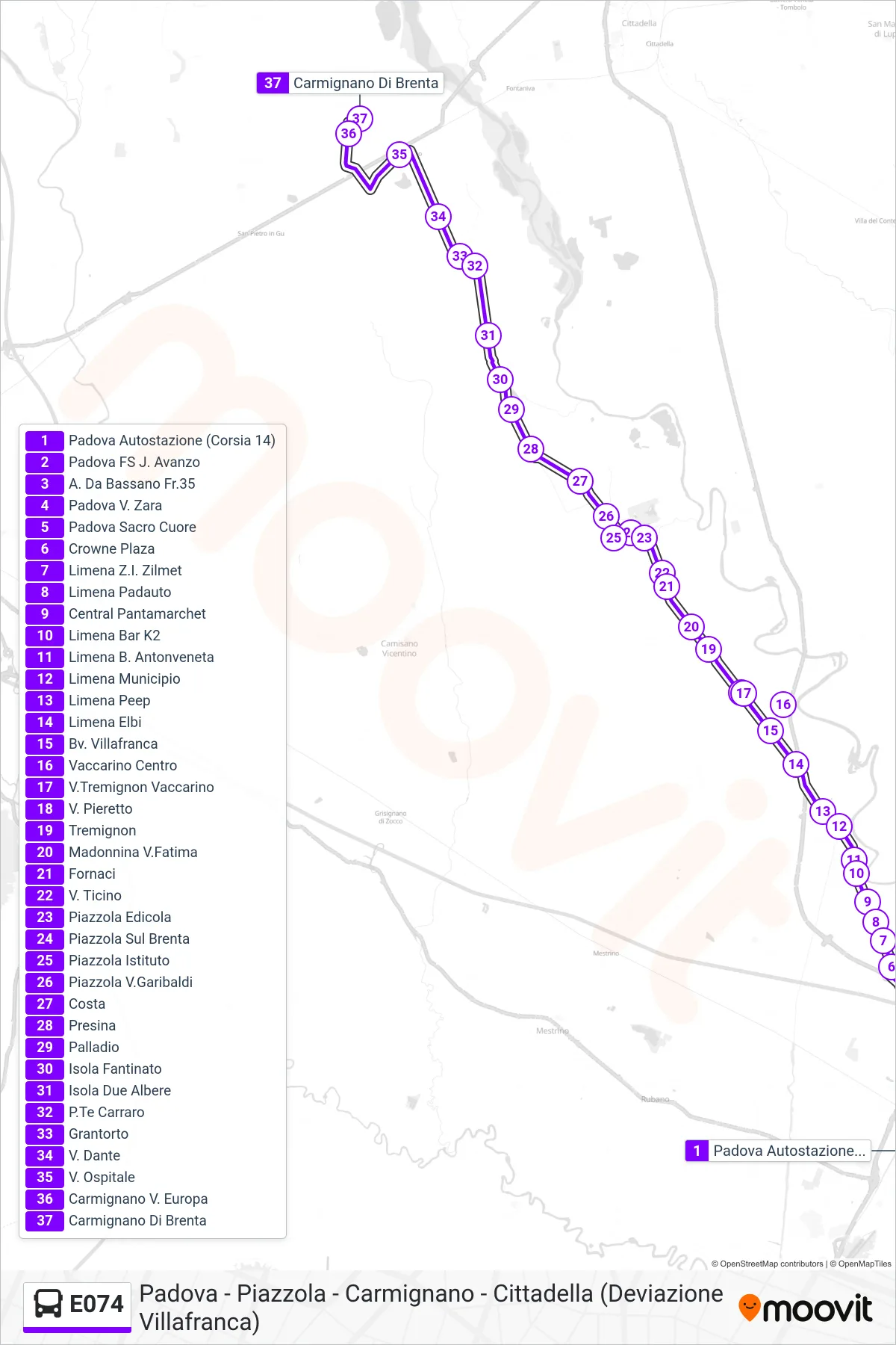 Linea E074 bus (Carmignano Di Brenta) - Percorsi e fermate sulla mappa