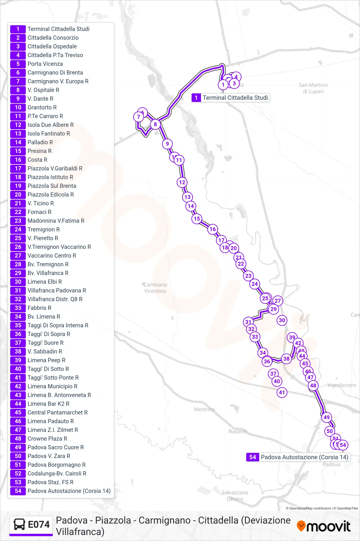 Linea E074  bus (Padova Autostazione) - Percorsi e fermate sulla mappa