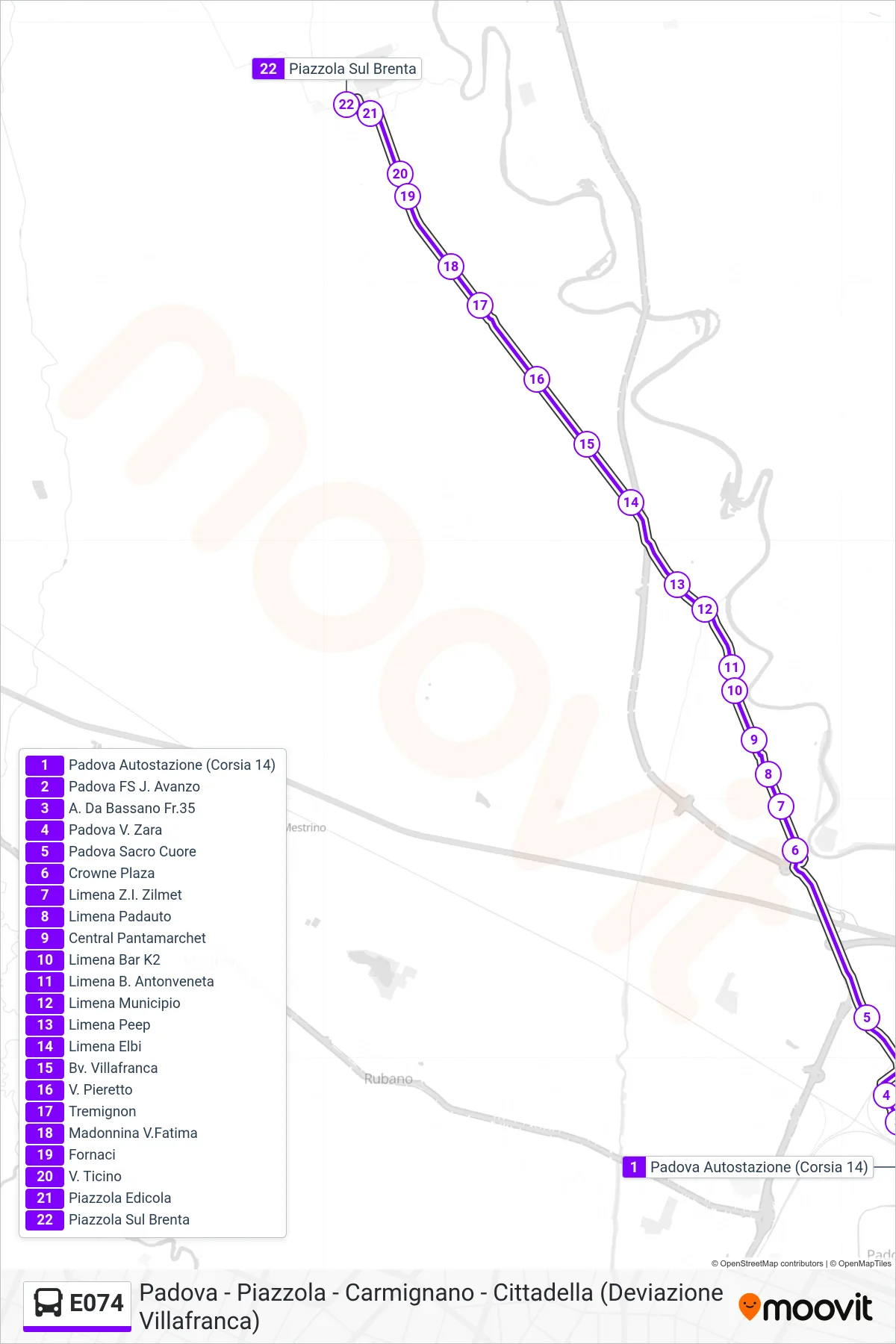 Linea E074  bus (Piazzola Sul Brenta) - Percorsi e fermate sulla mappa