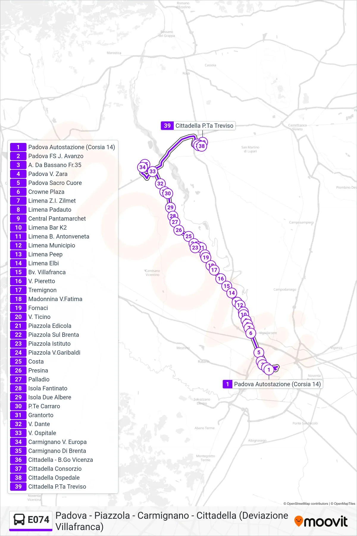 Linea E074 bus (Cittadella P.Ta Treviso) - Percorsi e fermate sulla mappa