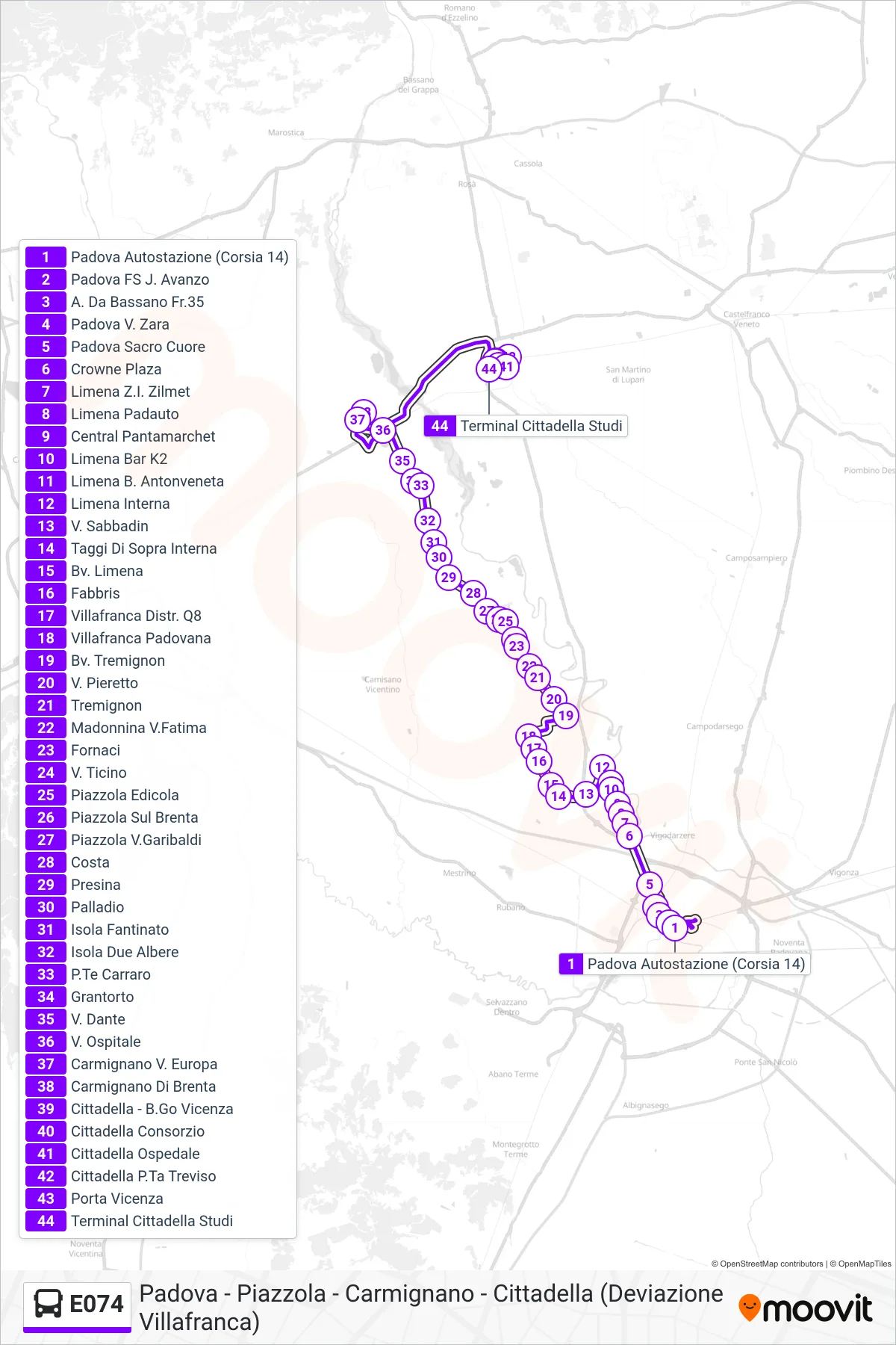 Linea E074 bus (Cittadella Terminal Studi) - Percorsi e fermate sulla mappa