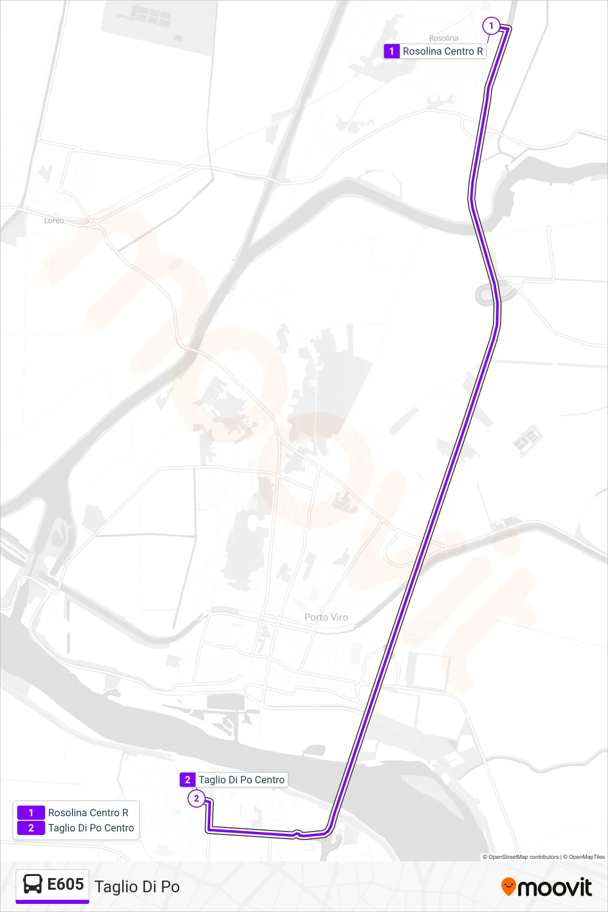 Linea E605  bus (Taglio Di Po) - Percorsi e fermate sulla mappa