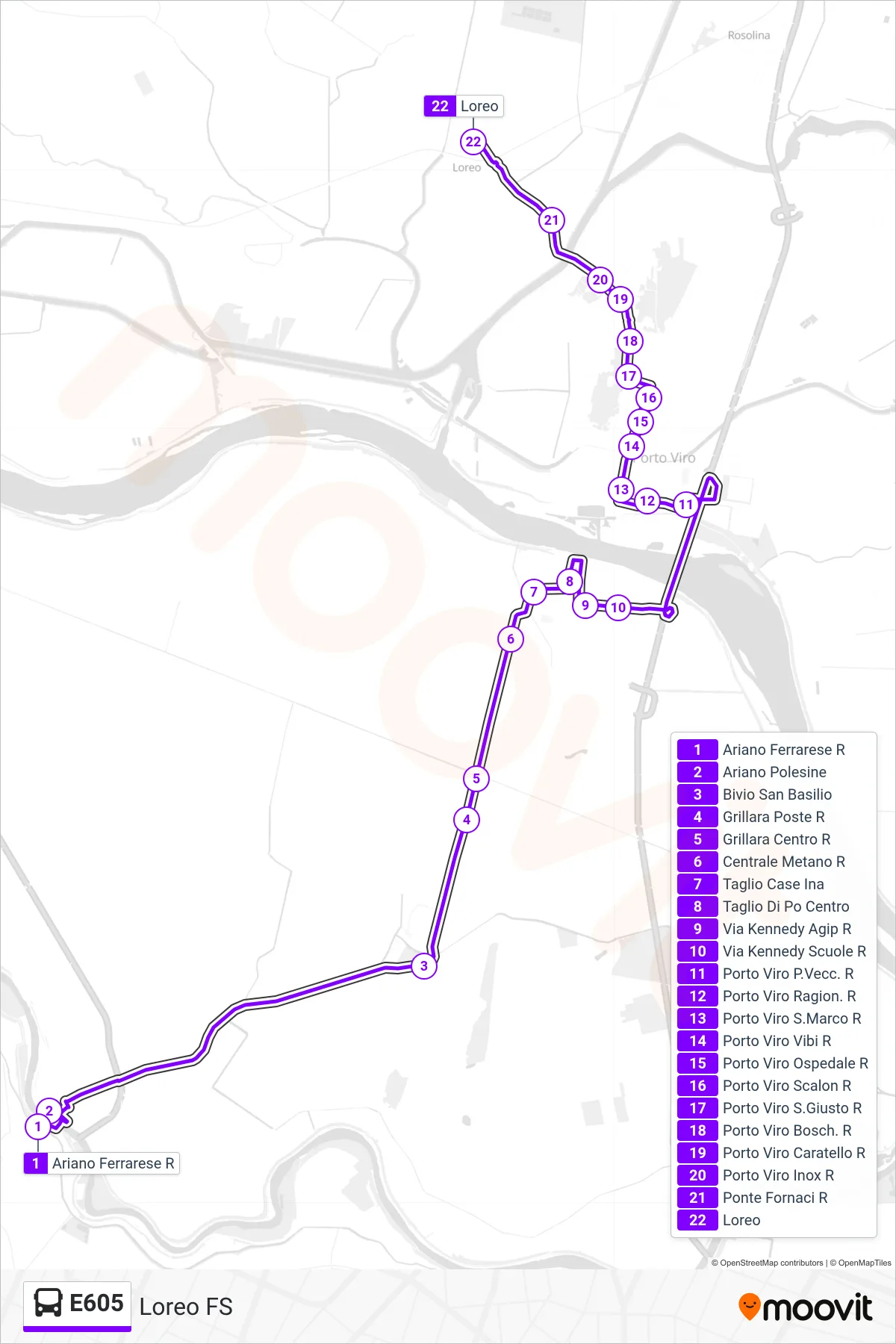 Linea E605  bus (Loreo FS) - Percorsi e fermate sulla mappa