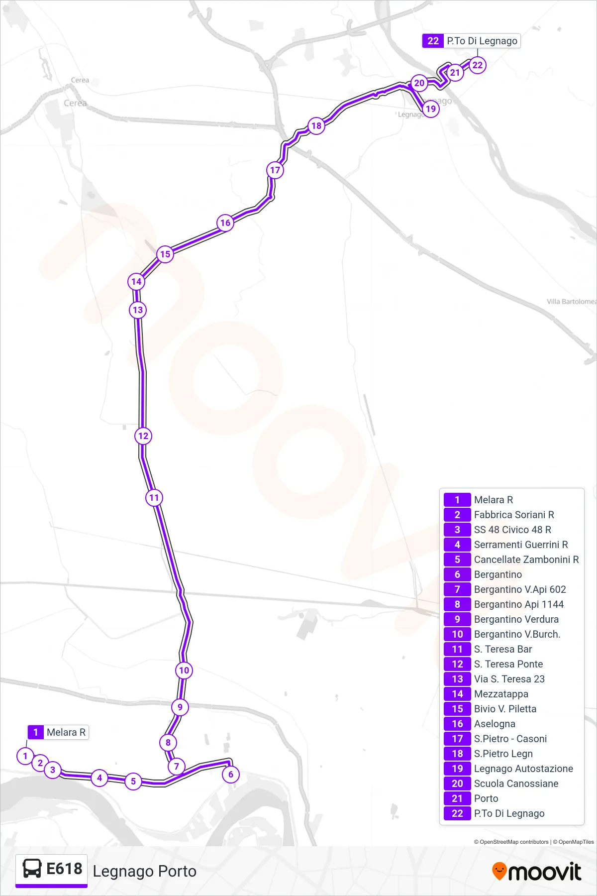 Linea E618 bus (Legnago Porto) - Percorsi e fermate sulla mappa