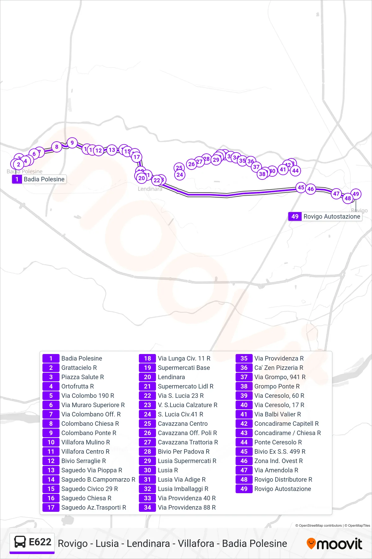 Linea E622 bus (Rovigo) - Percorsi e fermate sulla mappa
