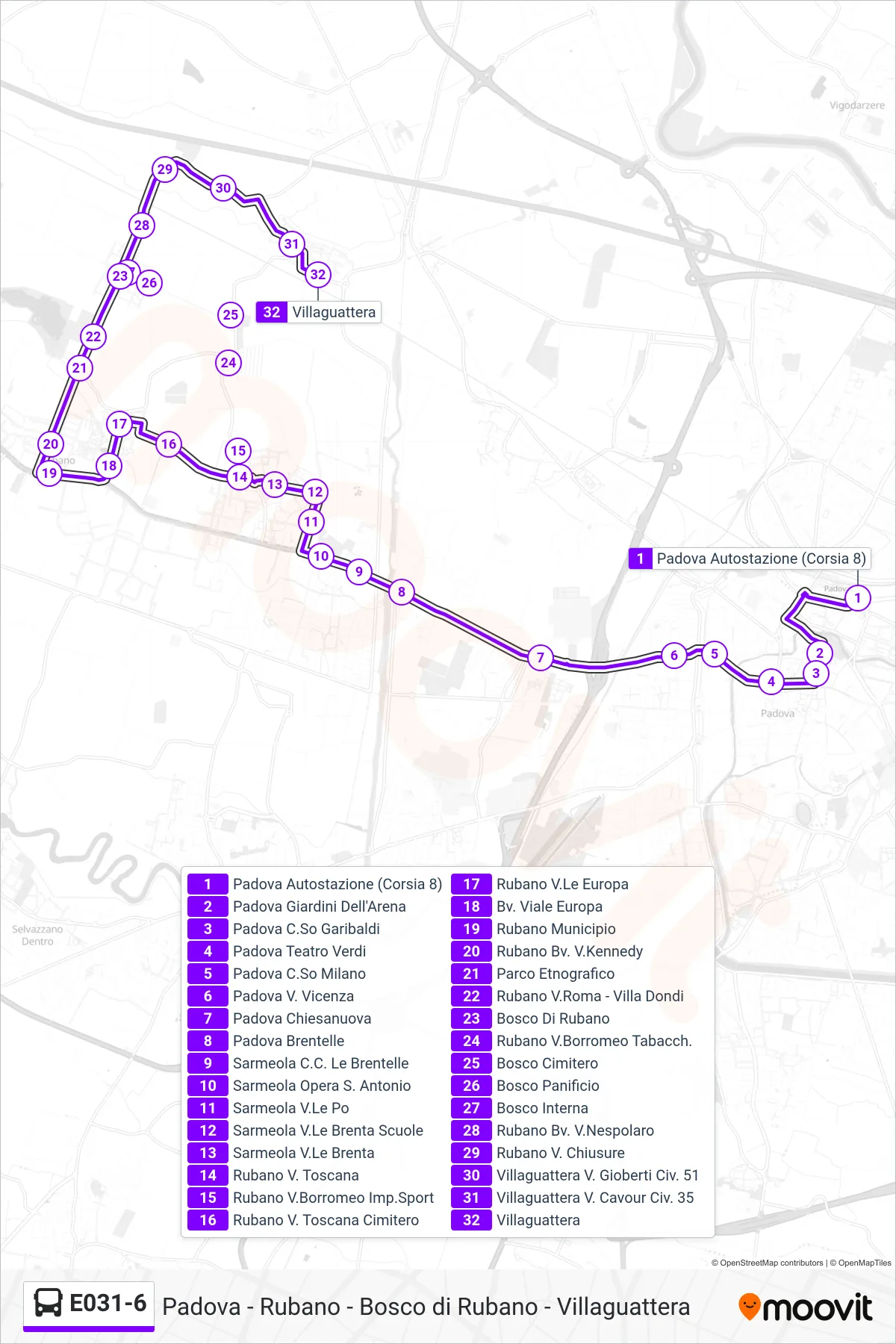 Linea E031-6 bus (Villaguattera) - Percorsi e fermate sulla mappa