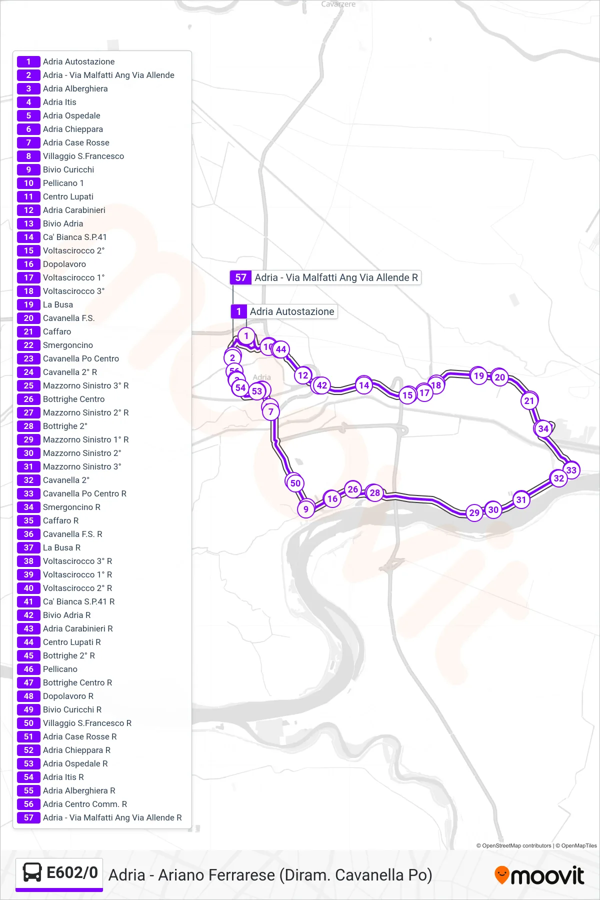 Linea E602/0 bus (Adria Autostazione) - Percorsi e fermate sulla mappa