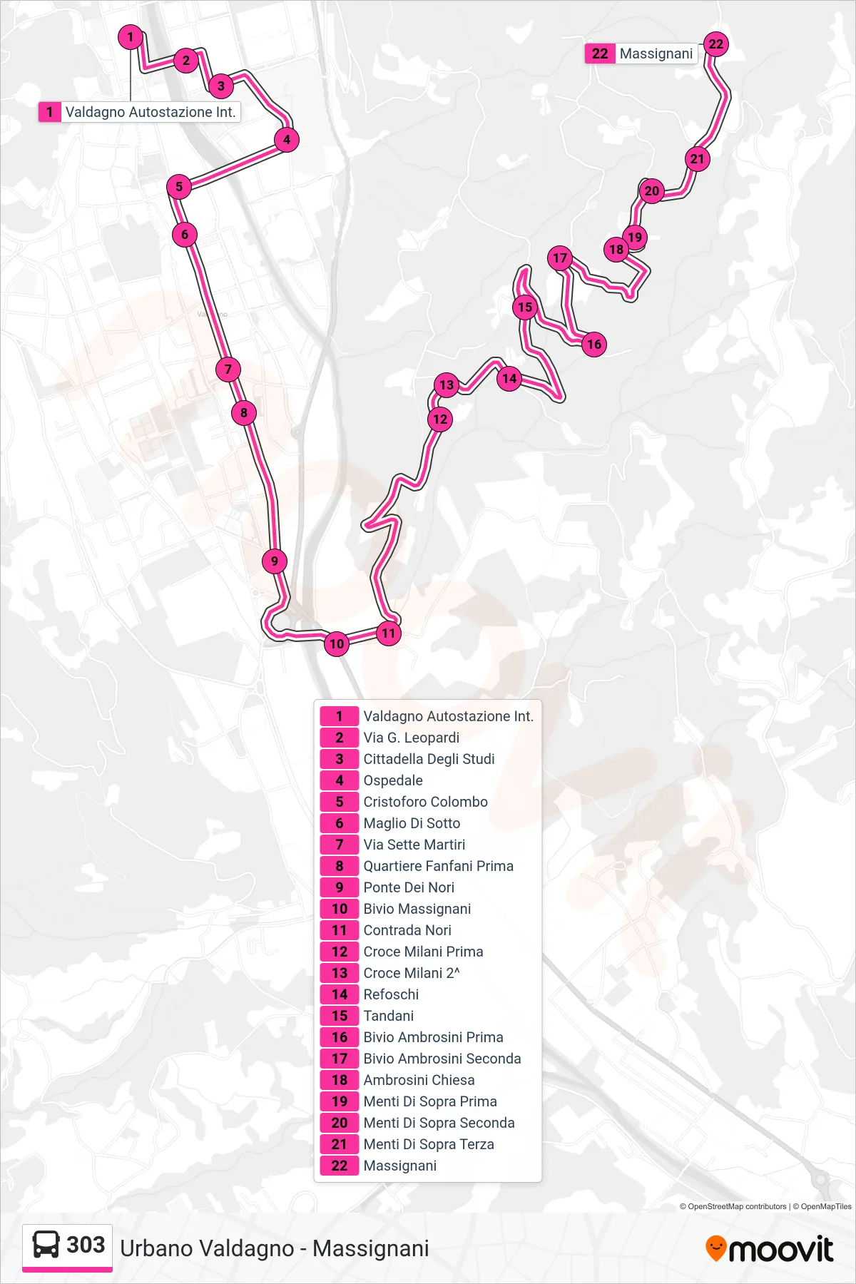 Linea 303 bus (Valdagno > Centro Studi > Massignani) - Percorsi e fermate sulla mappa