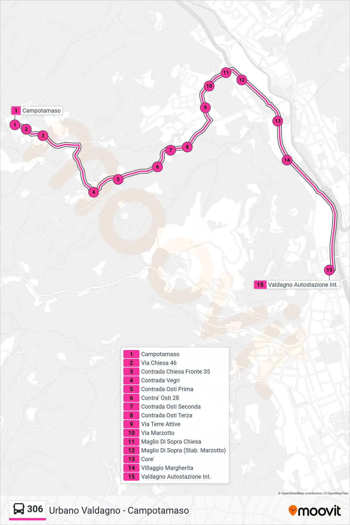 Linea 306 bus (Campotamaso > Valdagno) - Percorsi e fermate sulla mappa