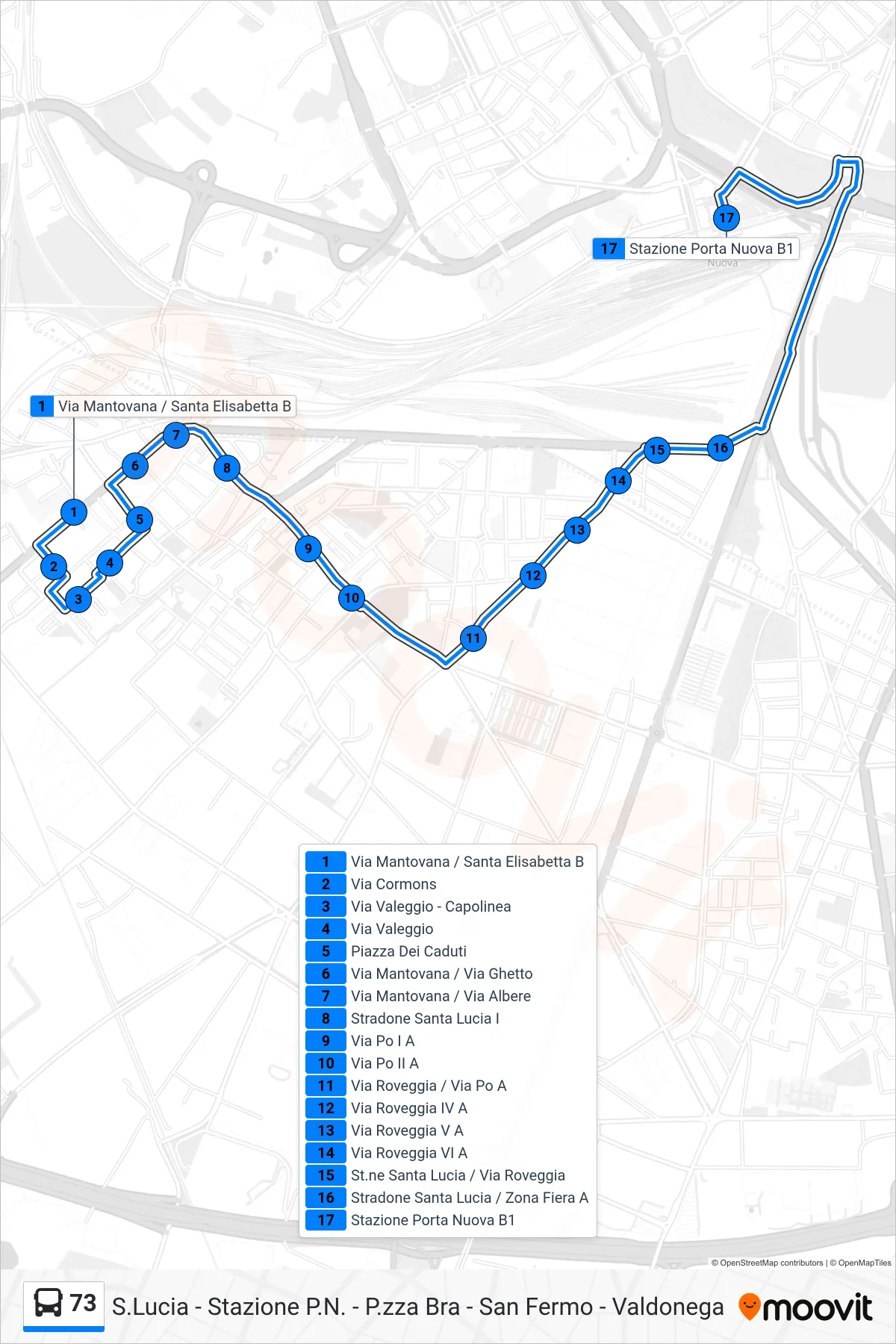 Linea 73 bus (Porta Nuova FS) - Percorsi e fermate sulla mappa