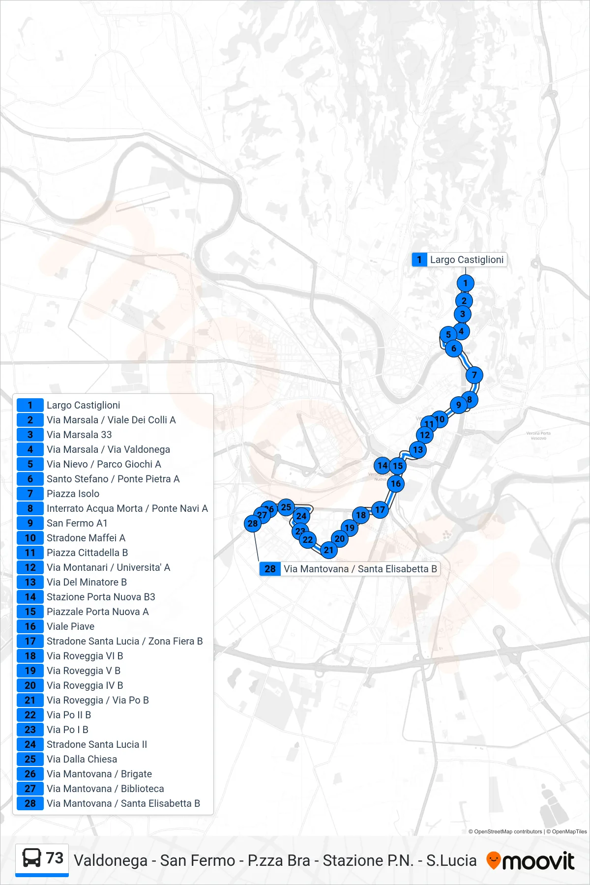 Linea 73 bus (Via Mantovana) - Percorsi e fermate sulla mappa