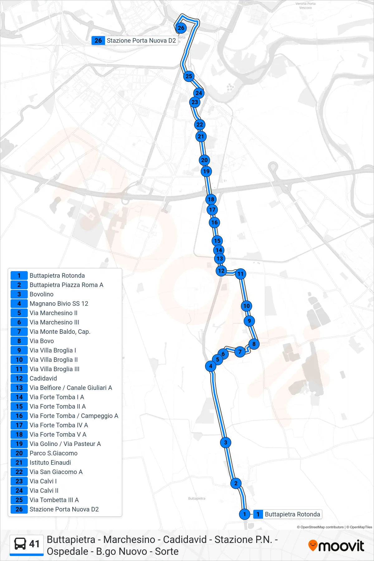 Linea 41 bus (Porta Nuova FS) - Percorsi e fermate sulla mappa