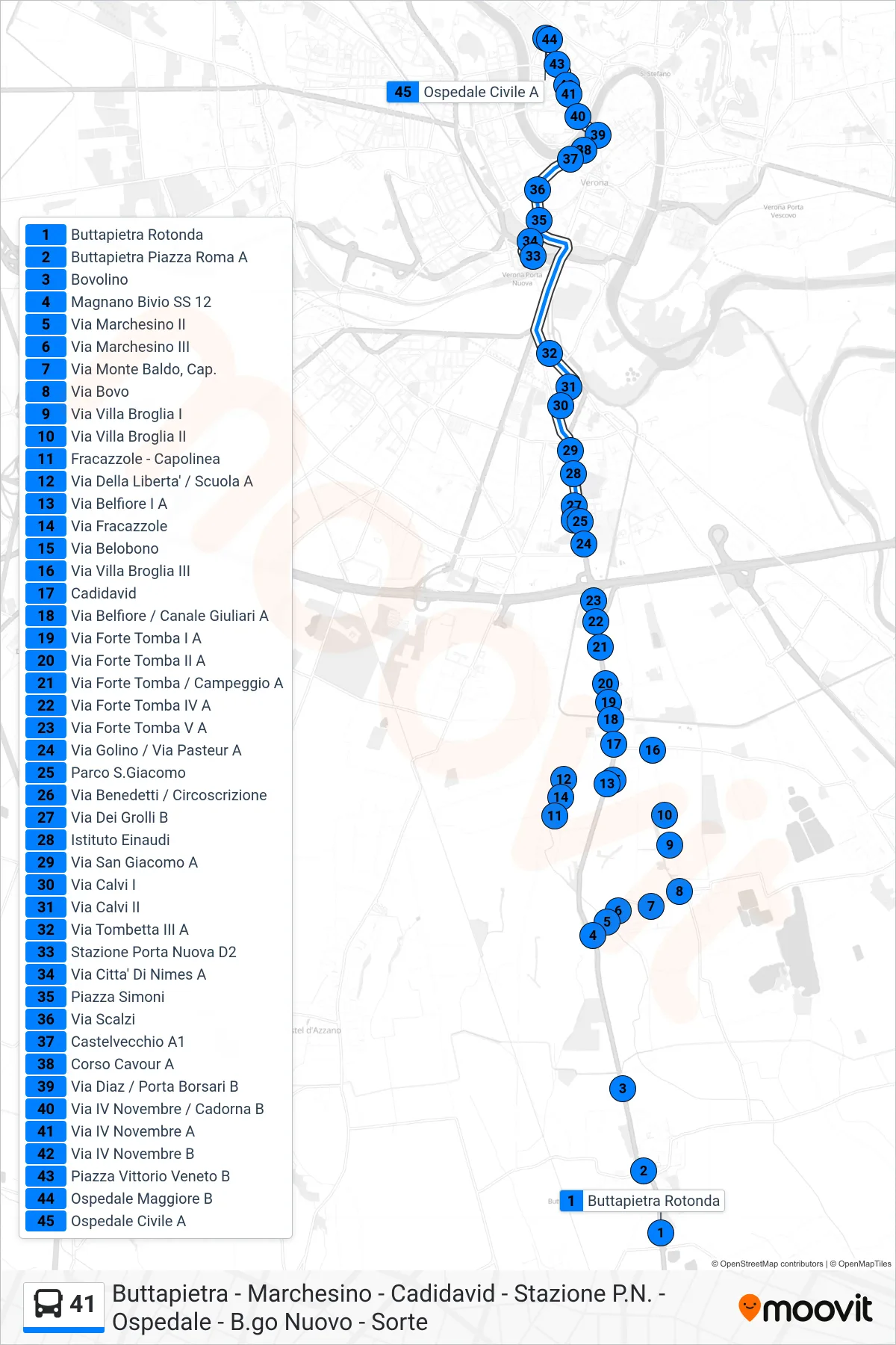 Linea 41 bus (P.Le Stefani - Ospedale Civile) - Percorsi e fermate sulla mappa