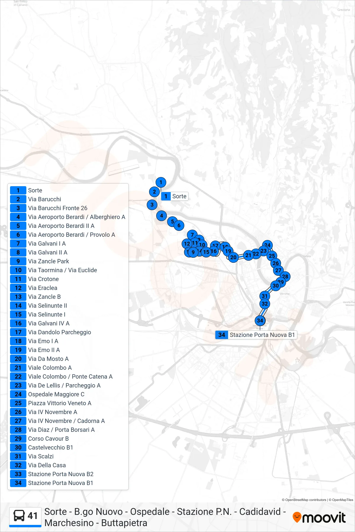 Linea 41 bus (Porta Nuova FS) - Percorsi e fermate sulla mappa