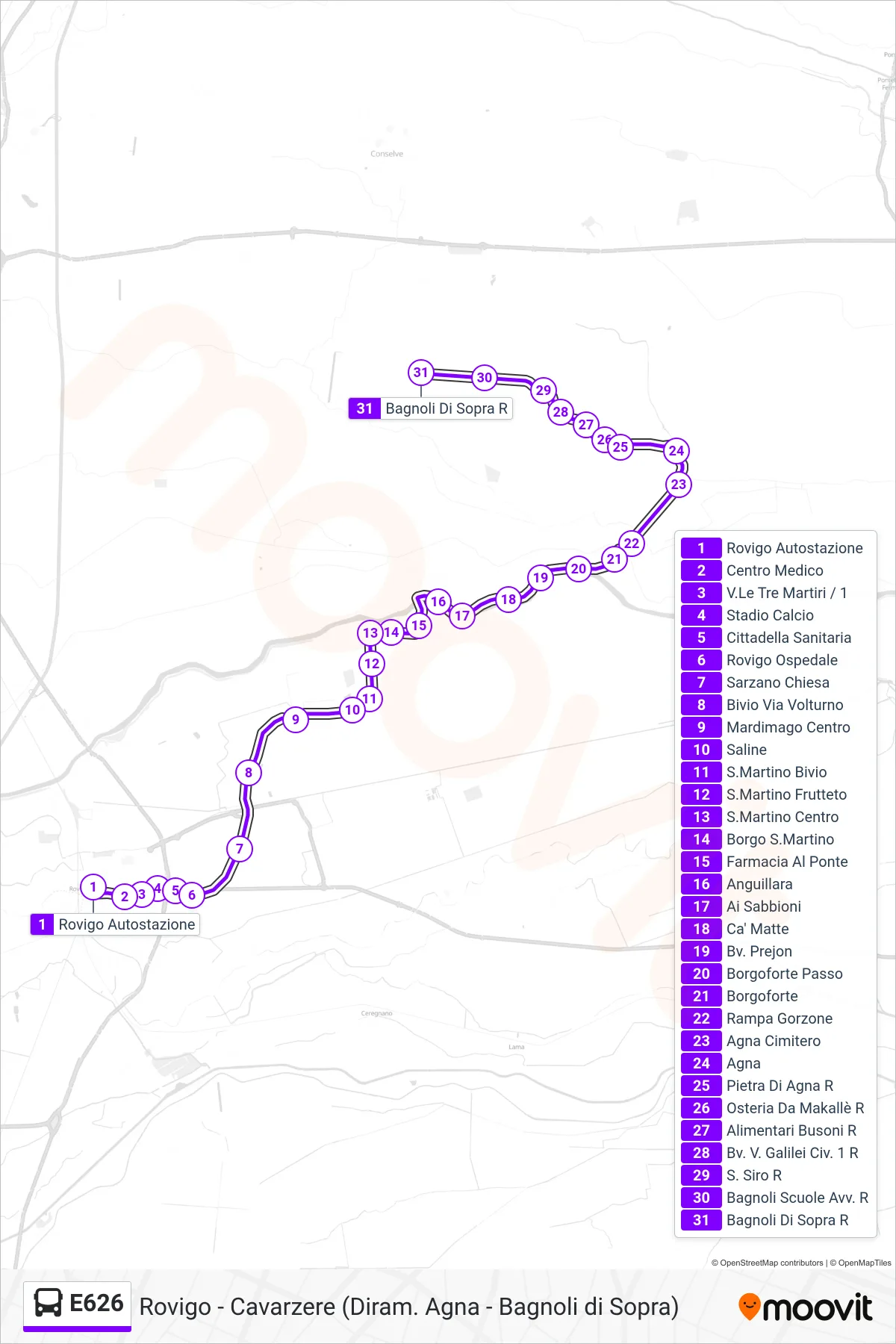 Linea E626 bus (Bagnoli Di Sopra) - Percorsi e fermate sulla mappa