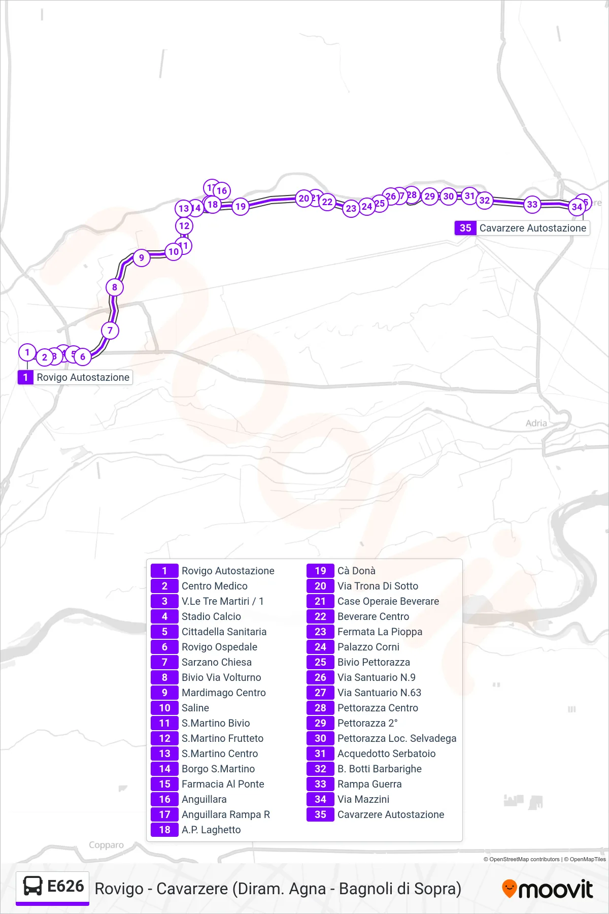 Linea E626  bus (Cavarzere) - Percorsi e fermate sulla mappa