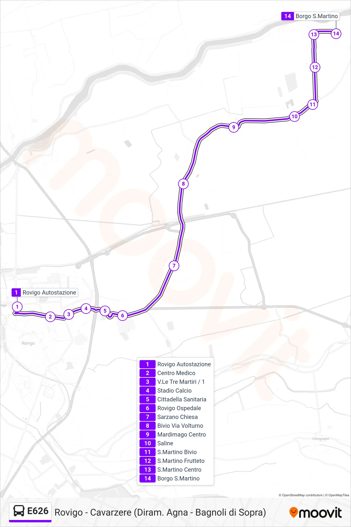 Linea E626 bus (San Martino Venezze) - Percorsi e fermate sulla mappa