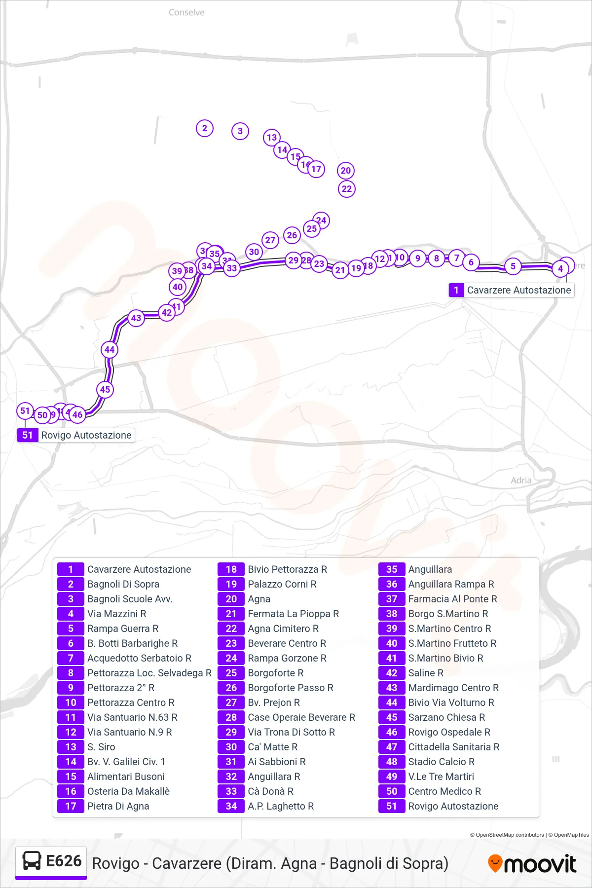 Linea E626  bus (Rovigo) - Percorsi e fermate sulla mappa