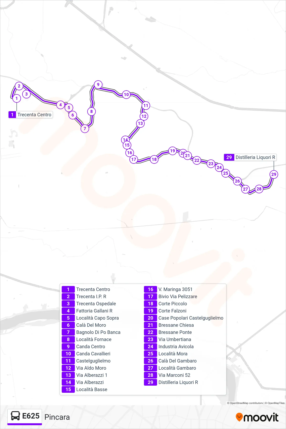 Linea E625 bus (Pincara) - Percorsi e fermate sulla mappa
