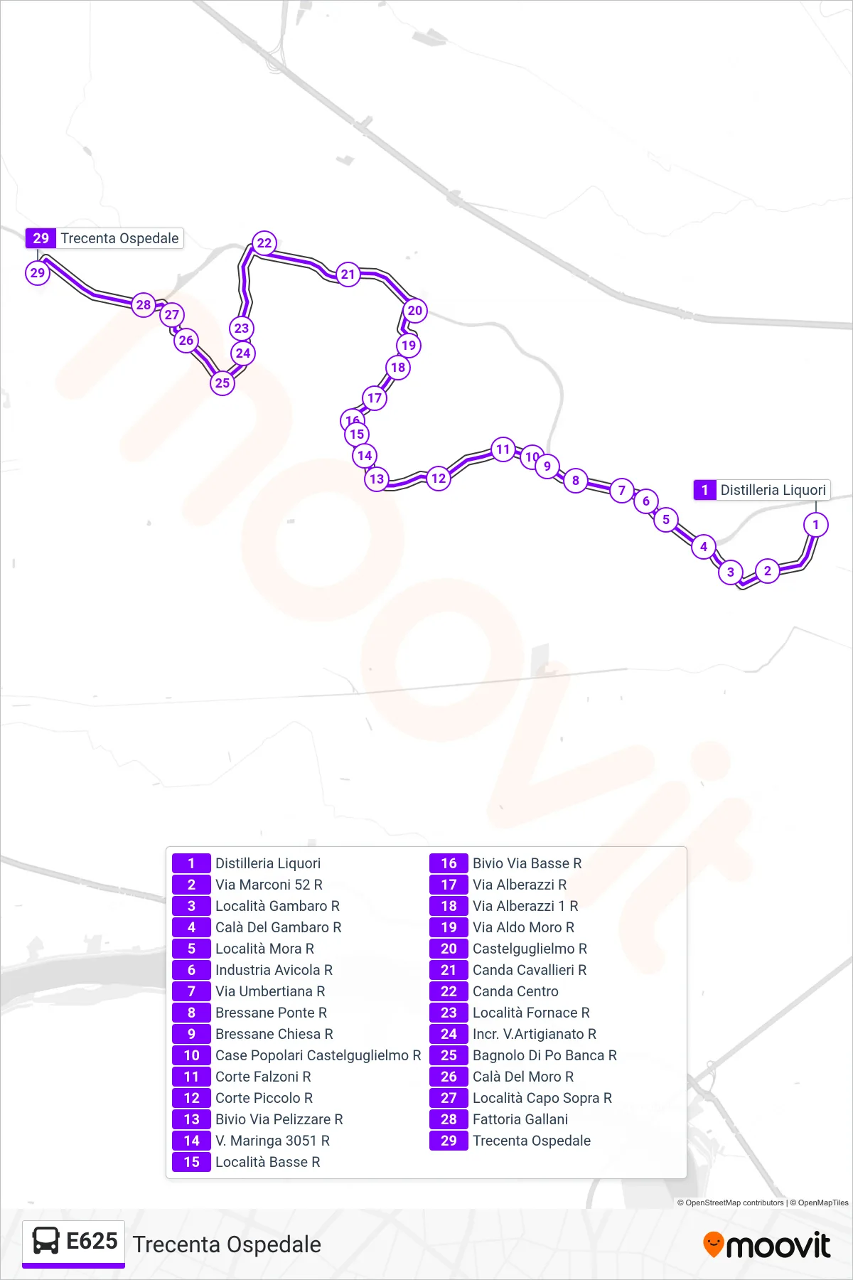 Linea E625 bus (Trecenta Ospedale) - Percorsi e fermate sulla mappa