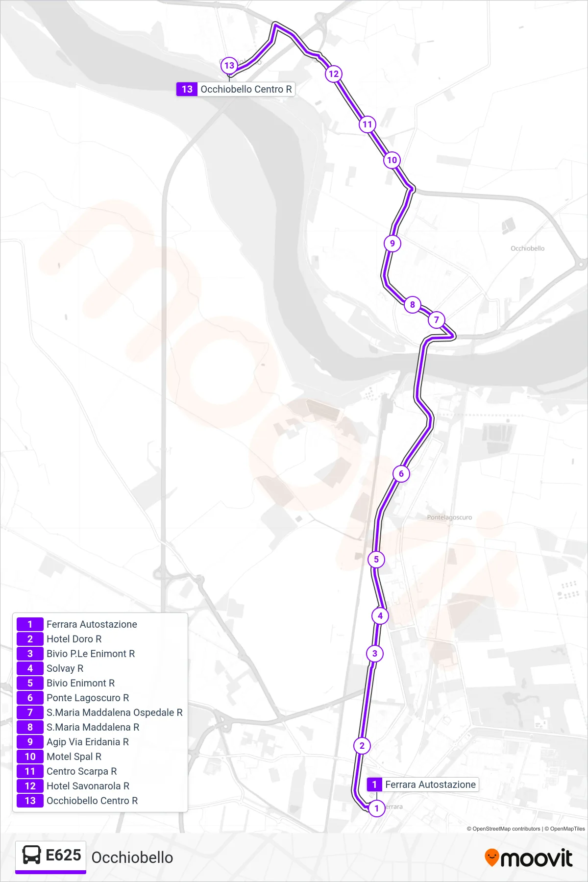 Linea E625 bus (Occhiobello) - Percorsi e fermate sulla mappa