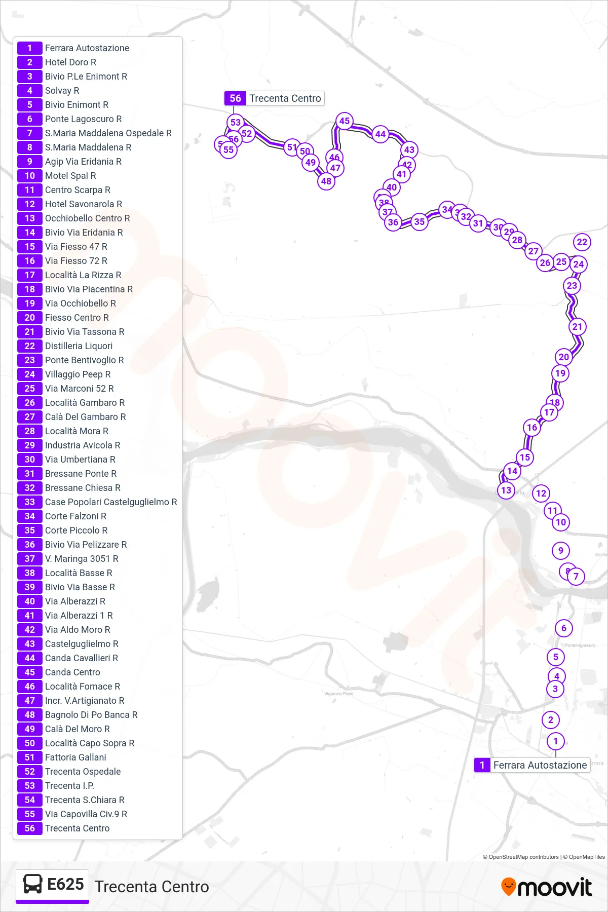 Linea E625 bus (Trecenta Centro) - Percorsi e fermate sulla mappa