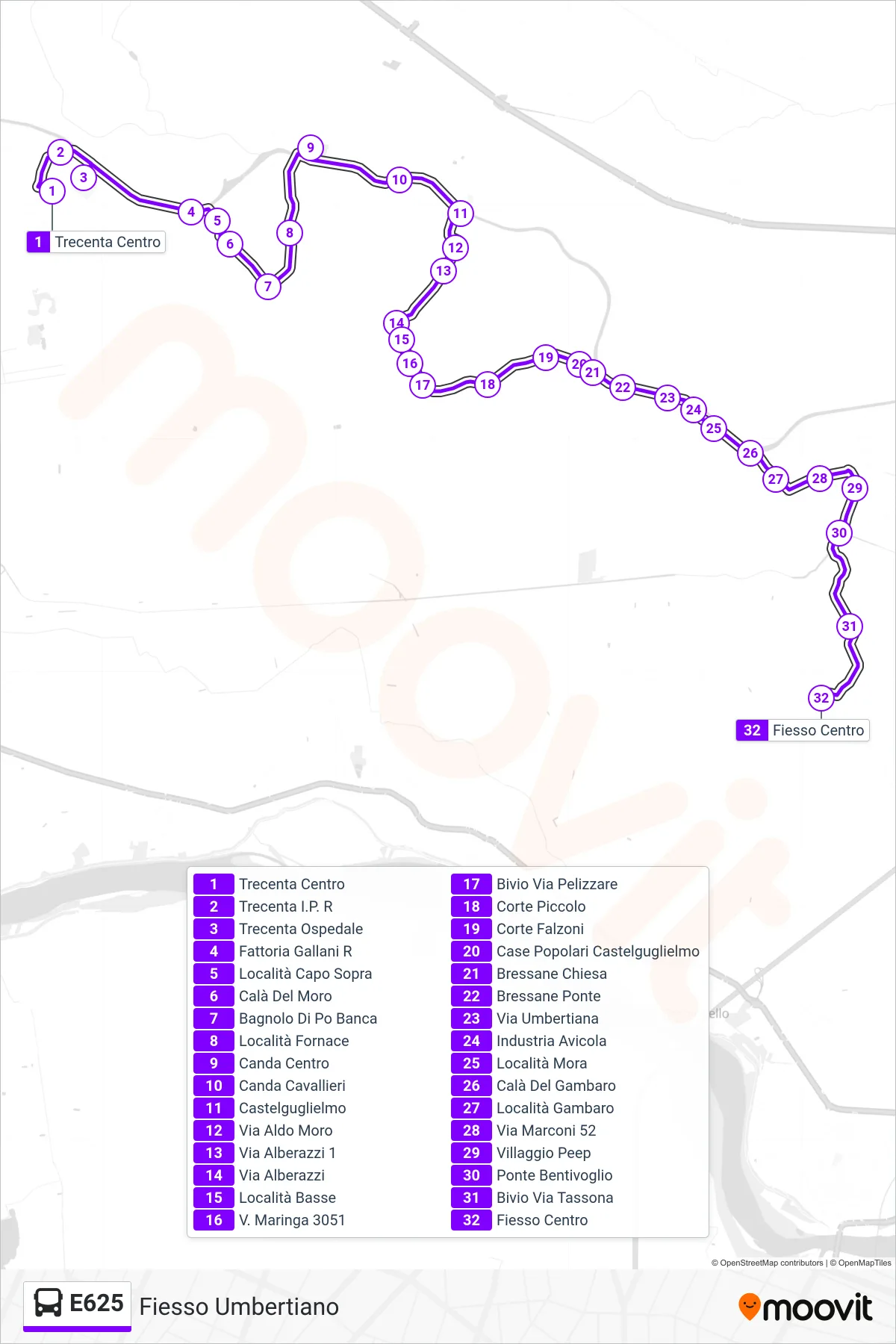 Linea E625 bus (Fiesso Umbertiano) - Percorsi e fermate sulla mappa