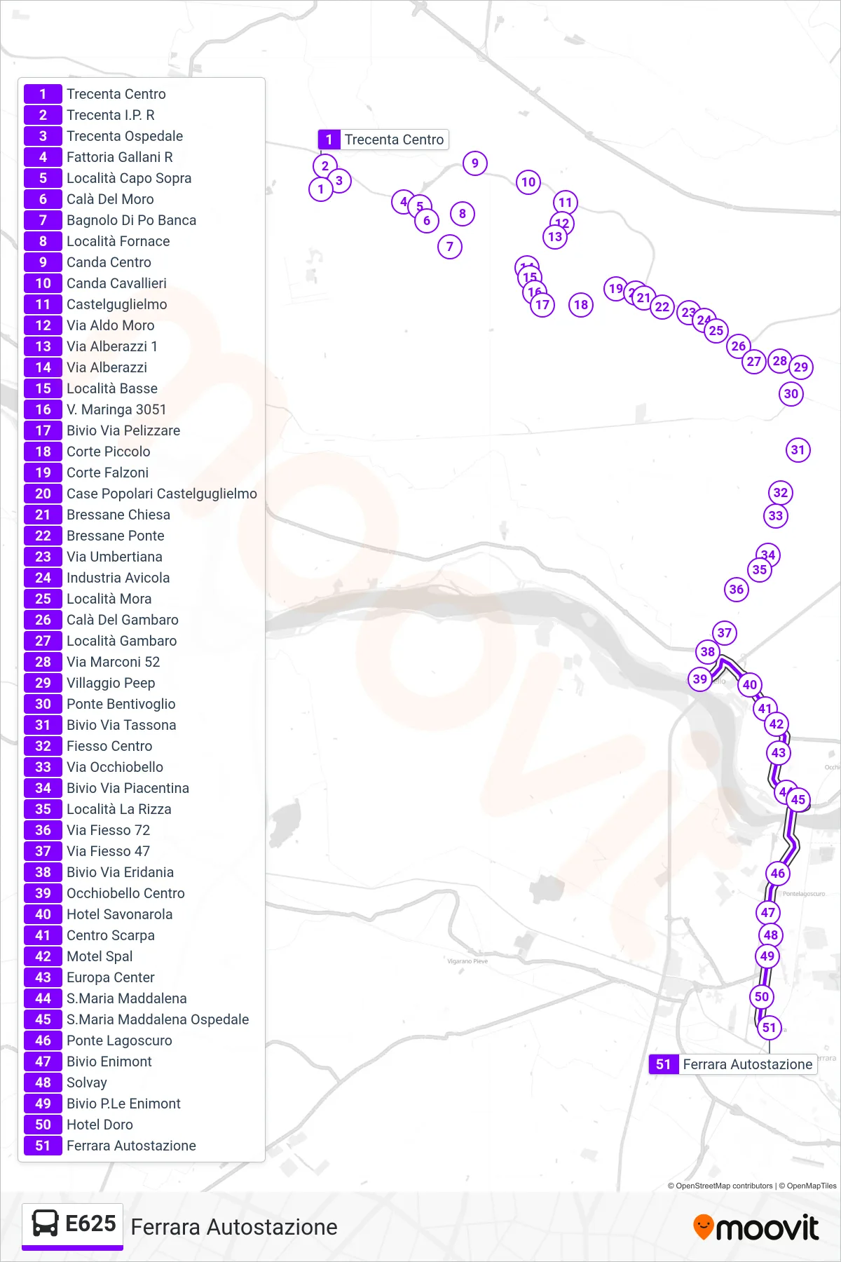 Linea E625 bus (Ferrara Autostazione) - Percorsi e fermate sulla mappa