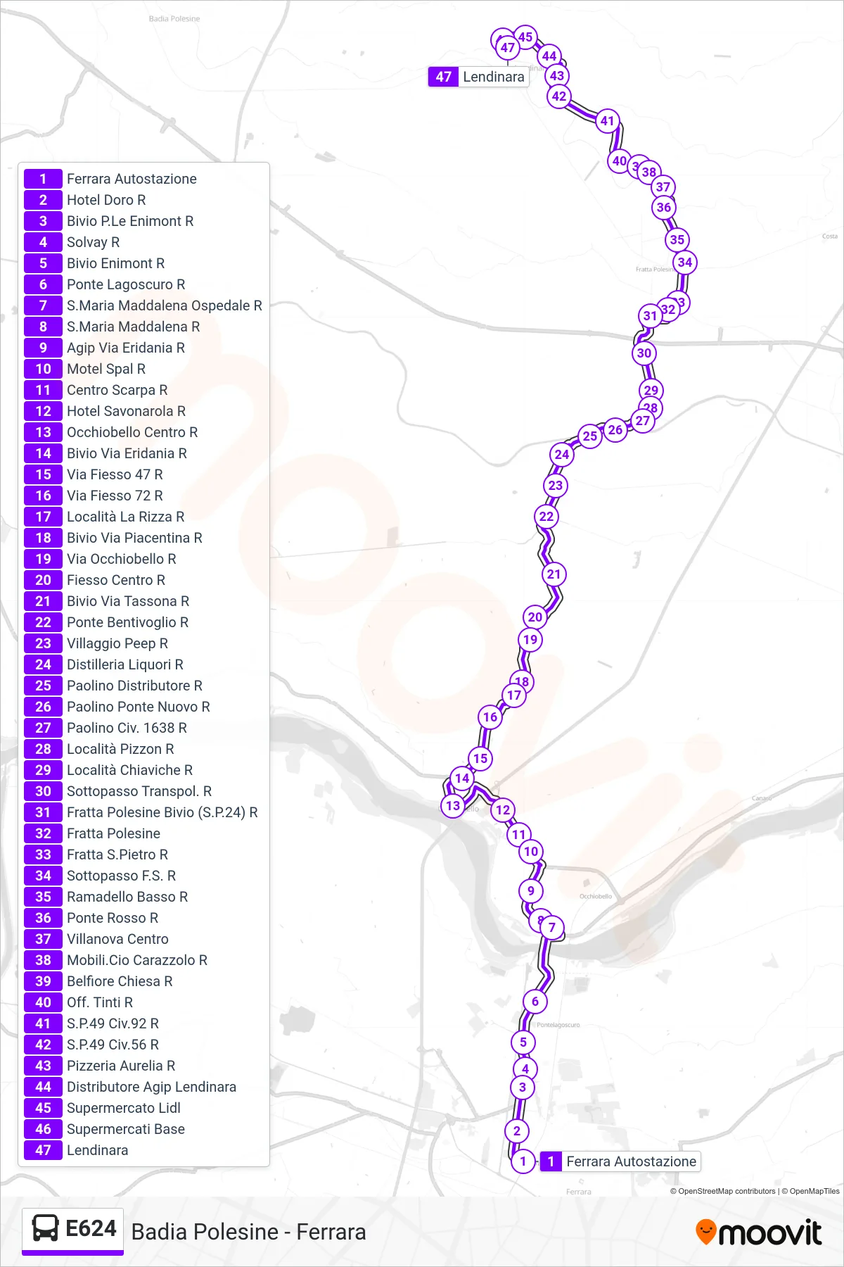 Linea E624  bus (Lendinara) - Percorsi e fermate sulla mappa