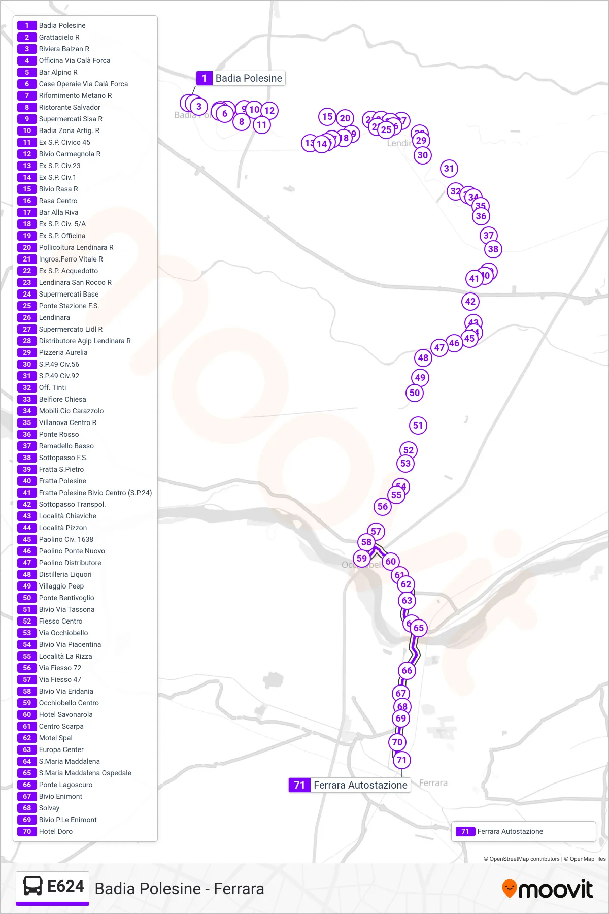 Linea E624 bus (Ferrara Autostazione) - Percorsi e fermate sulla mappa
