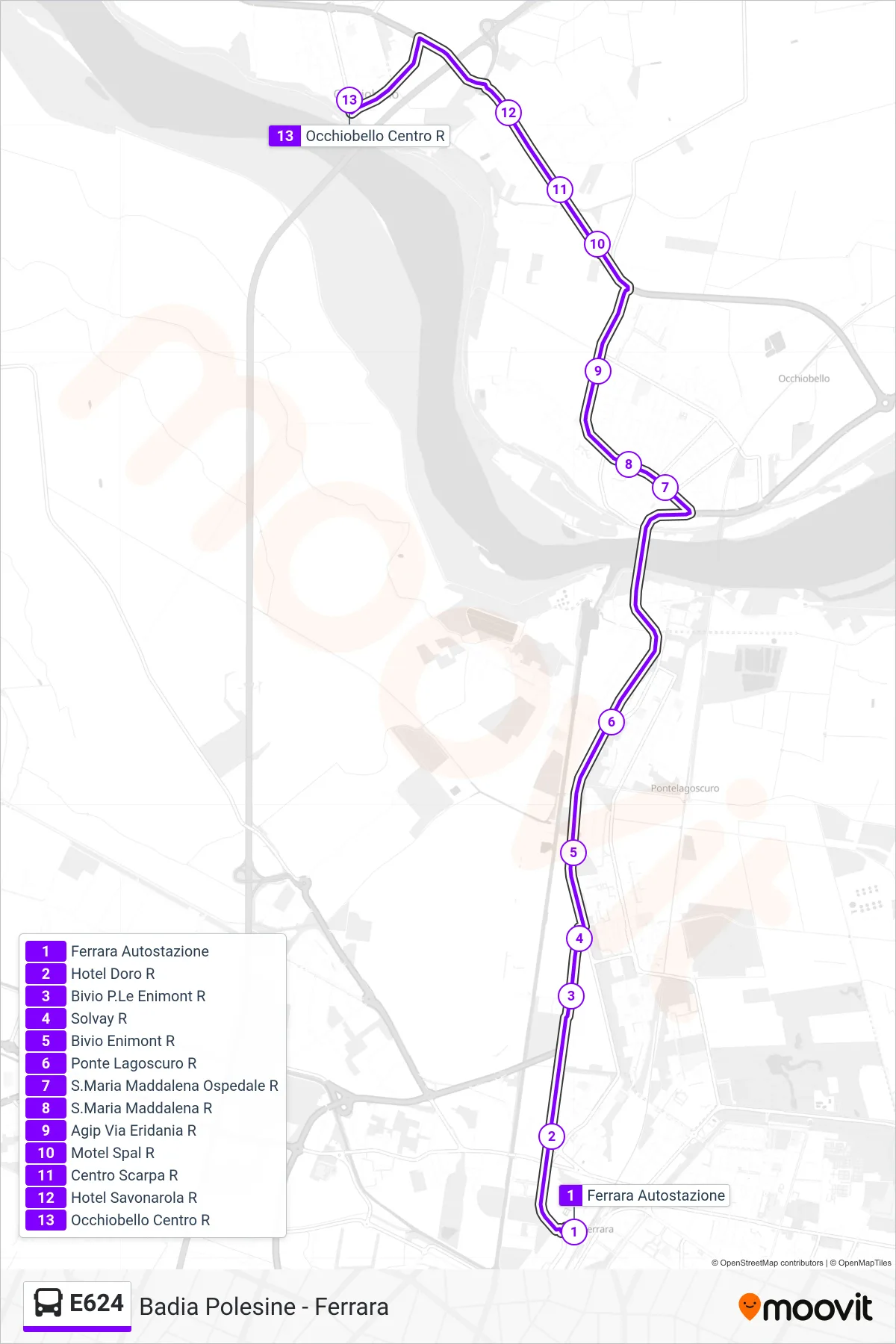 Linea E624 bus (Occhiobello) - Percorsi e fermate sulla mappa